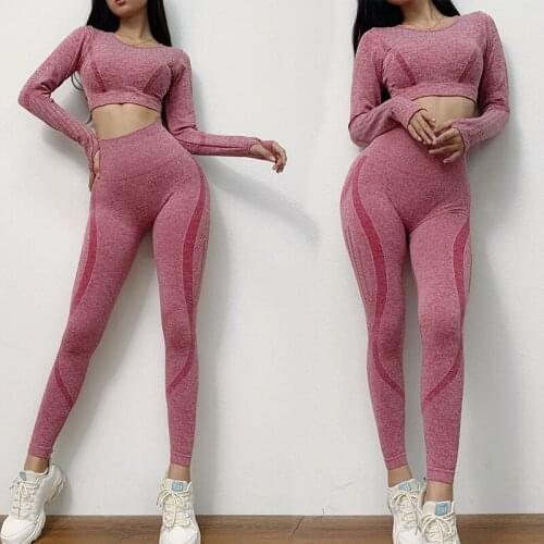 Long Sleeve Gym Crop Top High Waist Seamless Leggings Yoga Set 2 Pieces Women Sport Suit Sportswear Fitness Set Workout Clothes