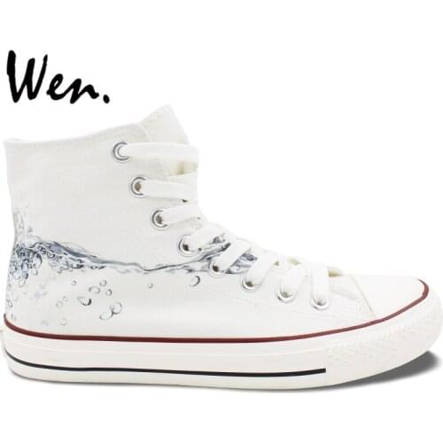 Wen Original White Hand Painted Shoes Design Custom Drops of Water High Top Men Womens Canvas Sneakers