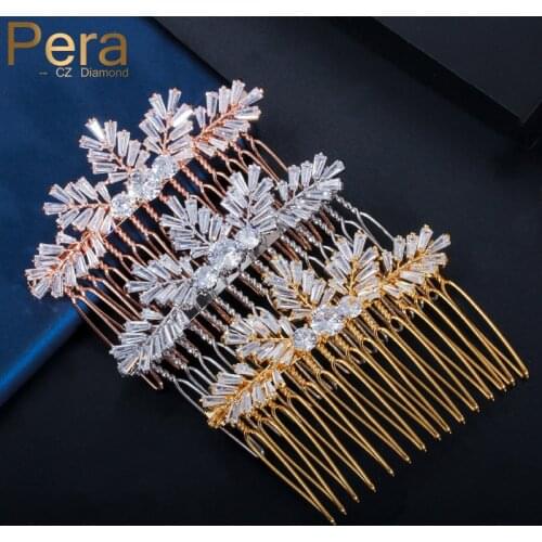 Pera Luxury Yellow Gold Leaf Shape Elegant Bridal Wedding Hair Combs Pins Accessories for Women Cubic Zirconia Jewelry H010