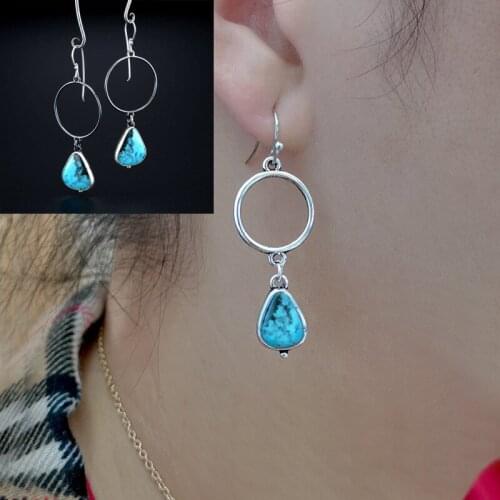 Female New jewelry Bohemian creative water drop shaped Swing Earrings electroplating 925 retro Thai Silver Turquoise Earrings