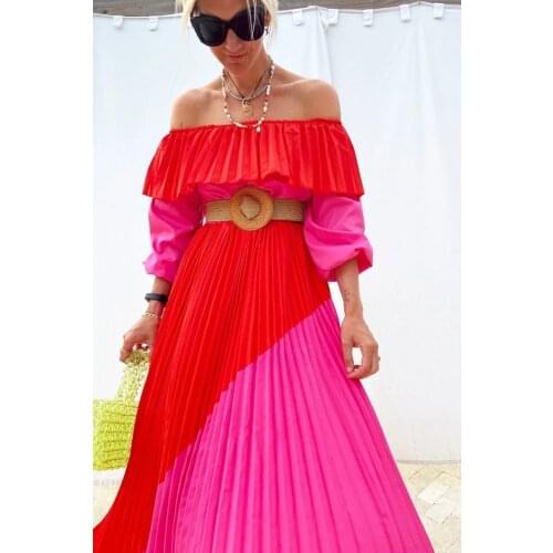 Women Slash Neck Off The Shoulder Dresses Women Plus Size Summer red Ruffles Bandage Patchwork Pleated belt big Long Dress