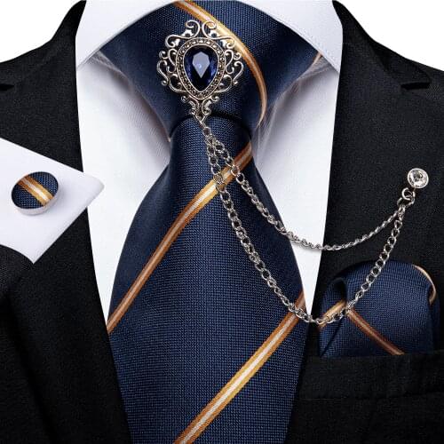 100% Silk Luxury Mens Ties Blue Orange Striped Necktie Pocket Square Men Wedding Party Tie Accessories Brooch Chain DiBanGu