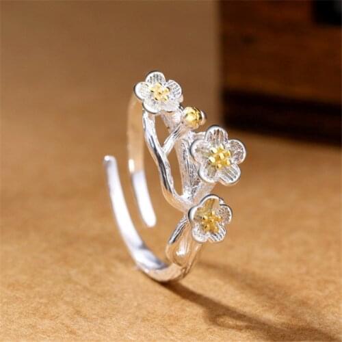 2019 korean fashion Tibetan sliver Plum blossom sakura adjustable rings for women gold ethnic engagement jewellery KJZ0001