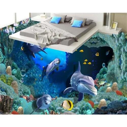 Beibehang cave dolphin coral tiles 3d flooring painting bedroom bathroom living room waterproof self-adhesive wallpaper coated