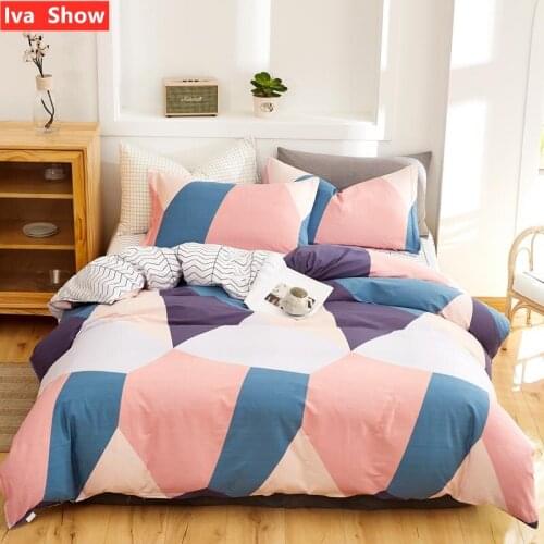 Iva Show Pink Blue Cotton Printing Bedding Set A/B Surface Bed Set Simple Wide Edge Pillowcase Queen / King Size Bed Four-pieces