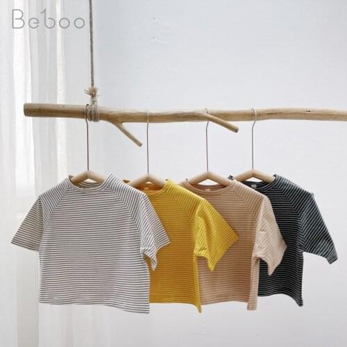 Korean Children Clothes 2021 Summer Ins Short Sleeve T- Shirt For Boys And Girls Cotton Stripe Clothing O-neck Kids Infants 2-6y