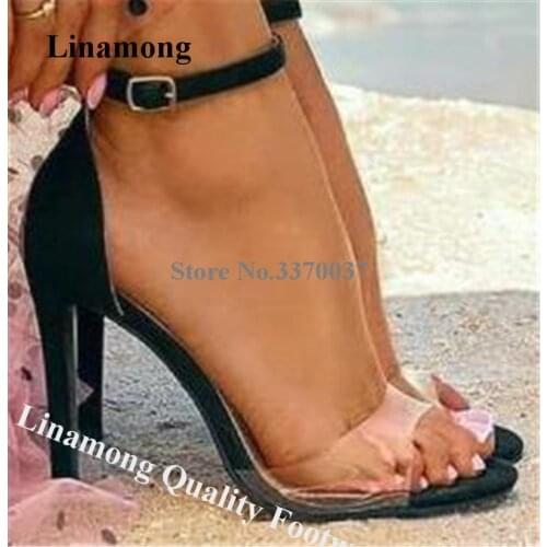 Linamong Summer Fashoin PVC Patchwork Stiletto Heel Gladiator Sandals Clear Transparent Ankle Strap High Heel Sandals Big Size