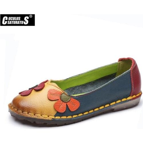 Cuculus 2021 Spring Summer Flower Design Round Toe Mix Color Flat Shoes Vintage Genuine Leather Women Flats Girl Loafer 1880