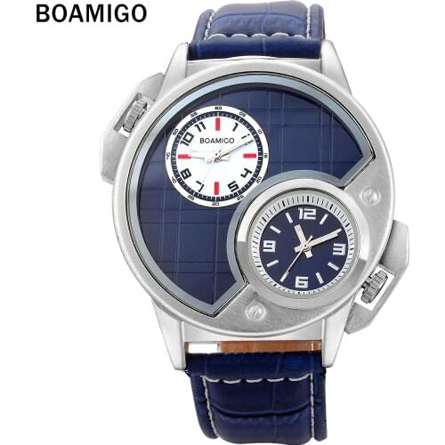 BOAMIGO brand men watches fashion casual quartz watch Dual Time clock blue dials Arabic numbers leather strap Relogio Masculino