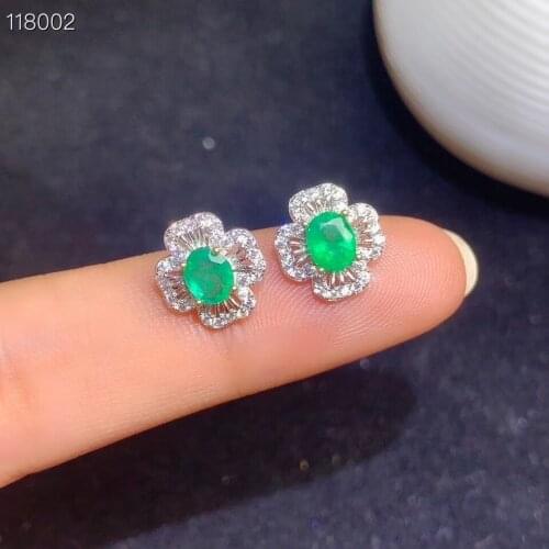 Natural green Emerald stud earrings 925 silver Natural gemstone earring Retro Hollowing Clover women girl party gift jewelry