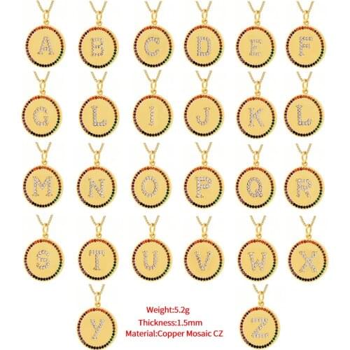 New design commemorative gift with letters inlaid with colored zircon bottom gold circular necklace with letters