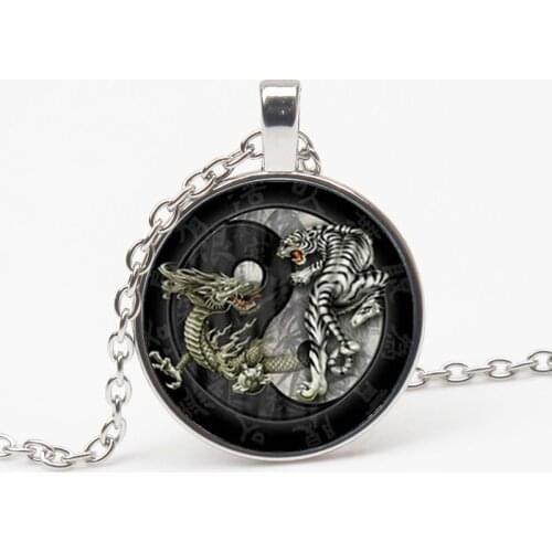 Retro Fashion Chinese Style Taiji Dragon Tiger Yin Yang Glass Pendant Long Chain Necklace Lady Jewelry Choker Man Gift Souvenir