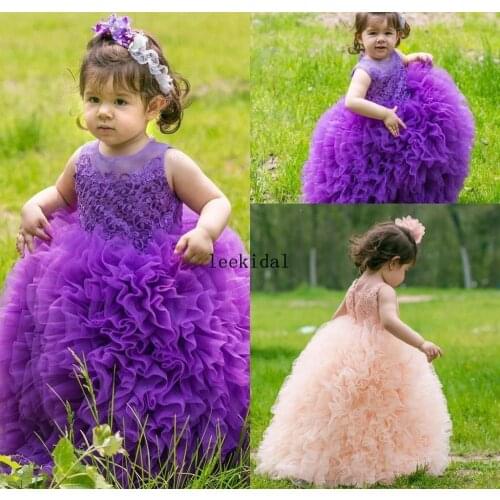New Cute Puffy Baby Girls Flower Girl Dress Purple Pink Toddler Sheer Crew Neck Lace Appliques Ball Gown Princess Girls Pageant