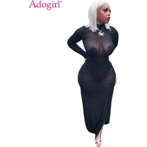 Adogirl Flocking Diamond Sheer Mesh Maxi Dress with Underwear Turtleneck Long Sleeve High Slit Long Night Club Party Dresses