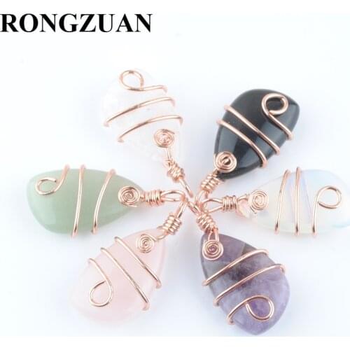 Wholesale 6Pcs/lot Natural Stone Copper Wire Wrap Pendant Irregular Geometric Bead Rose Gold Color Dangle Charms Jewelry TBN437