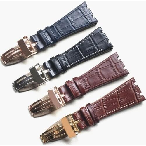 For AP 41mm Dial strap 26mm Black Blue Brown With Stitches Genuine Leather Watch Band Bracelet with steel deployment buckle