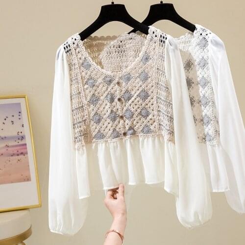 Vintage Long Sleeve Shirts Women O-Neck Hollow Out Single Breasted Sweet Girl Flower Ladies Blouse Crop Top Casual Autumn cloth