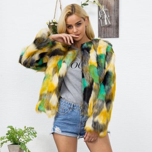 Savabien Fashion Mixed Color Long Sleeve Faux Fur Coat Women Crop Tops Fur Jacket Woman Vintage Harajuku Casual Office Overcoat