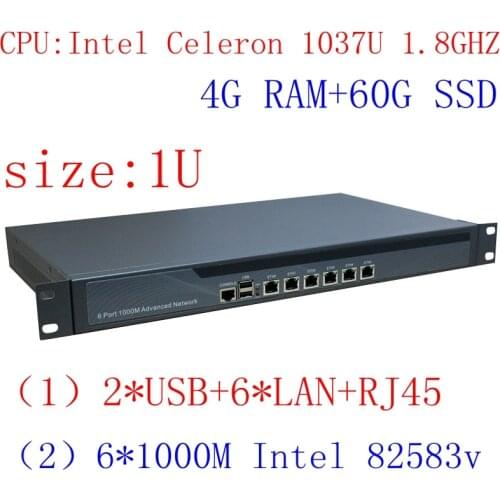 Intel 1037U 6 lan firewall network server 1U rackmount network router 4G RAM 60G SSD
