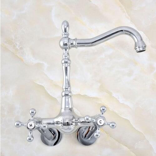 Silver Chrome Brass Wall Mounted Double Handles Bathroom Kitchen Sink Faucet Mixer Tap Swivel Spout - Adjusts From 3-3/8" aqg209
