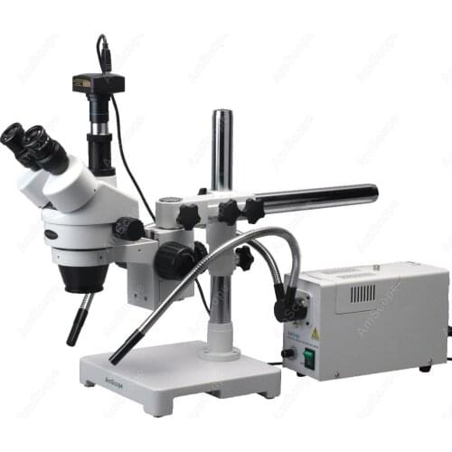 Trinocular Boom Microscope--AmScope Supplies Fiber Light Trinocular Boom Microscope 3.5X-90X + Camera