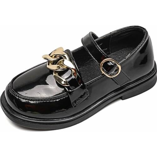 Girls Black Leather Shoes for School Party Wedding Children Casual Flats Kids Performance Shoes Metal Chains Classic 26-36 New