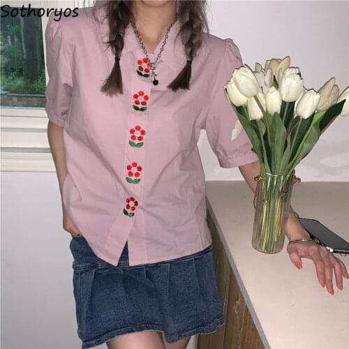 Women Short Sleeve Shirts Flower Embroidery Sweet Stylish Casual Teens Ulzzang Tender Temperament Single Breasted Retro Blouses
