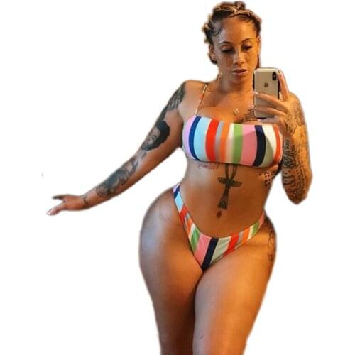 S-XL Women Colorful Striped Push Up High Cut High Waisted Bikini Set 2 Piece Bathing Suit