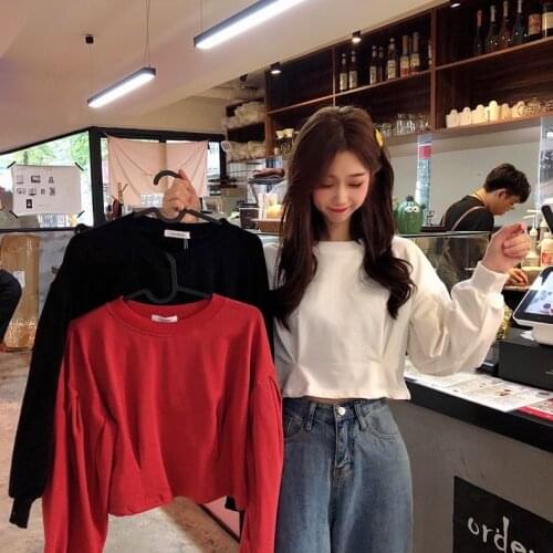 Spring and Autumn Top Long Sleeve Loose Lantern Sleeve Waist Trimming Short Sweater for Women