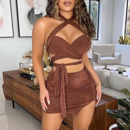 2021 Summer Women Casual Two Piece Dress Sleeveless Backless Halter Solid Sexy Crisscross Cutout Plain Crop Top & Skirt Set