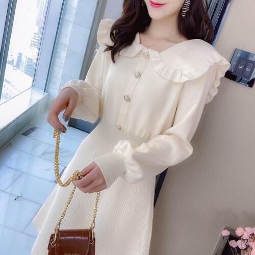 Autumn Winter New Style Women Doll Collar Retro Lantern Sleeve Knitted Dress Female Elegant High Waist A-Line Sweater Dresses
