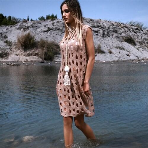 2021 Knitted Sexy Write Dress For Women Hollow Out Crochet Tunic Boho Pareo Beach Praia Cover Salida de Playa Beachwear N1286