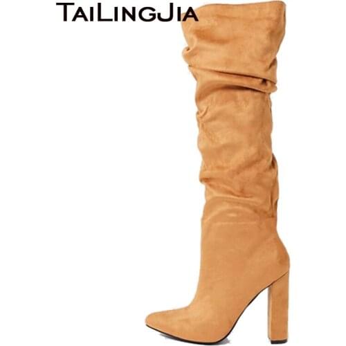 Winter Long Boots for Women 2020 Chunky Heel Knee Boot Ladies Brown Faux Suede Boot Large Size Pointed Toe Block Heel Shoes New