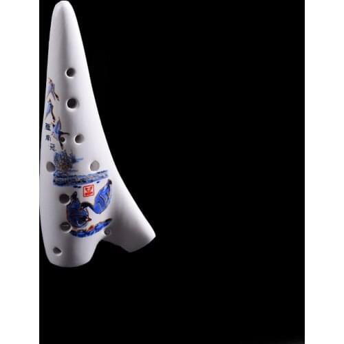 12 Holes Alto C Tone Ocarina Flute Chinese Style Pattern White Ceramic For Beginer