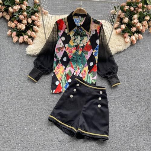2021 Summer Women Two Piece Set Flower Print Mesh Lantern Sleeve Patchwork Black Weave Shirts Top + Button Pocket Shorts Sets