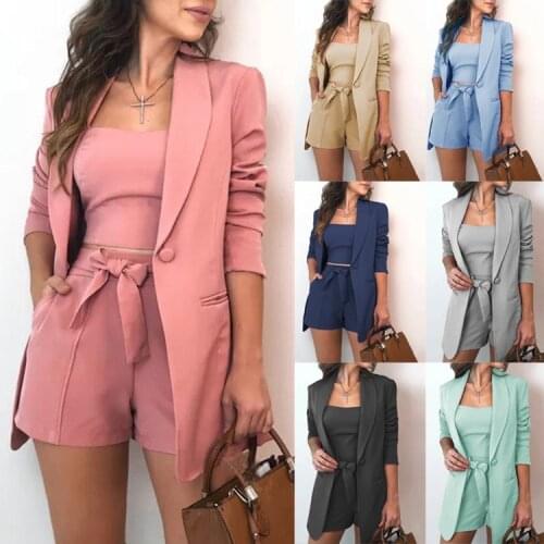 Three Piece Set Women Fashion Qualities Solid 3 Piece Set Tops And Shorts Casual Suit Blazer With Sexy Camisole Chic Short