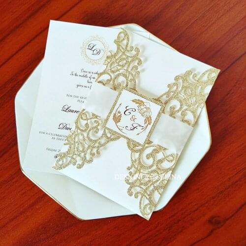 50PC Champagne Glittery Personalized Print Wedding Party Invitations with Vellum Belt and Tag Envelope Greeting Gift Cards