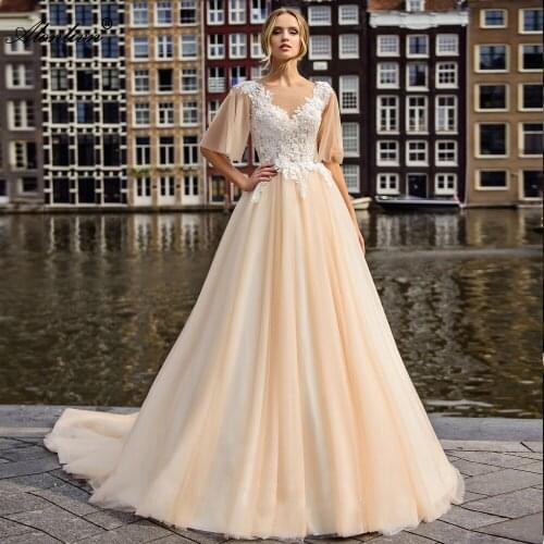 Alonlivn Elegant Puff Sleeves A-line Wedding Dress Beading Pearls Appliques Tulle V-Neck Bridal Gowns Customize Order