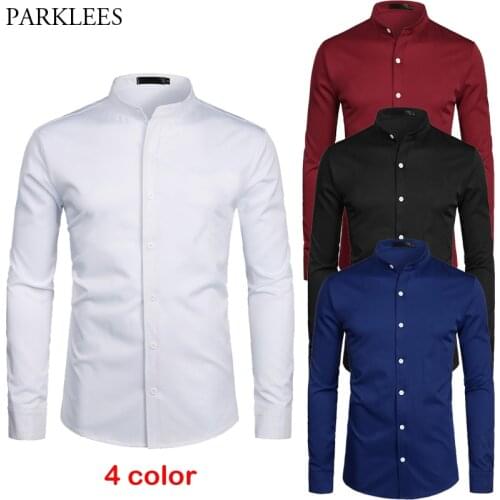 White Banded Collar Dress Shirt Men Slim Fit Long Sleeve Casual Button Down Shirts Mens Business Office Work Chemise Homme S-2XL