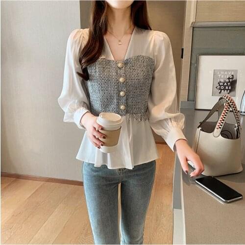 Long Sleeve Shirt Fashion Office Lady Tops Korean Style Women Spliced Chiffon Blouse V-neck Feminina shirt Plus size Solid Whit