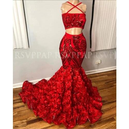 African Black Girls Long Prom Dresses 2021 Boat Neck Red Sequin 3D Rose Two Piece Mermaid Women Prom Dress