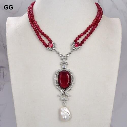 GuaiGuai Jewelry 19" 2 Strands Red Agate Gems Stone Necklace Keshi Pearl CZ Heart Pendant