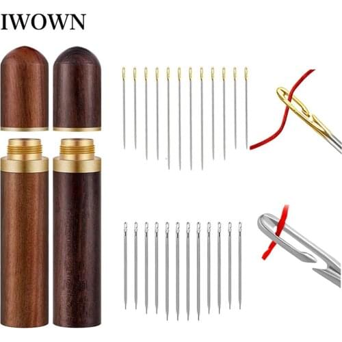 12pcs Self Threading Needles with Round Wooden Needle Case DIY Crafts Sewing Needle Tubes Storage Case Embroidery Sewing Tools