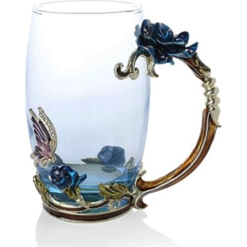 JOYLIVE Flower Enamel Transparent Glass Coffee Tea MugHandmade And Novelty Enamel Coffee Cup