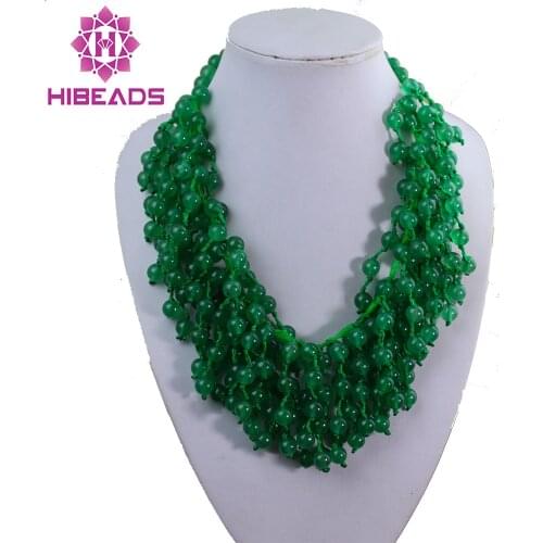 Superb Green Stone Strands Necklace Knotted Natural Beads Chunky Bib Statement Necklace Free Shipping GS008