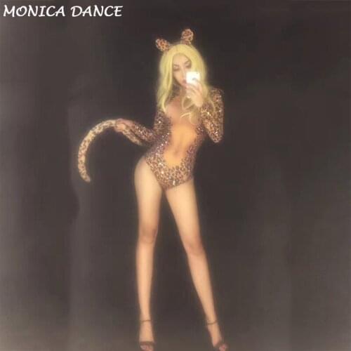 Sexy Leopard Print Bodysuit Sparkling Crystals Jumpsuit Nightclub for DJ Dancer Singer Stage Wear Costume Women Jumpsuit