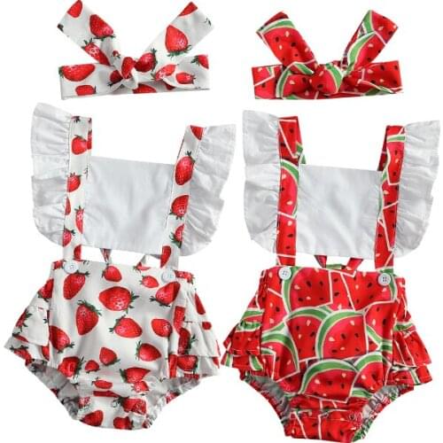 0-24M Newborn Baby Girls Bodysuits Headband 2pcs Watermelon/Strawberry Print Backless Ruffles Short Sleeve Jumpsuits