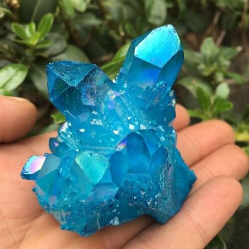 Beautiful natural crystal clusters electroplated sky blue angel aura natural crystal reiki healing as home decor 70-80g