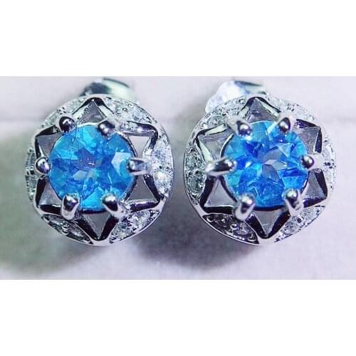 Per jewelry Natural real blue topaz round stud earring 0.35ct*2pcs gemstone 925 sterling silver Fine jewelry Q2042915