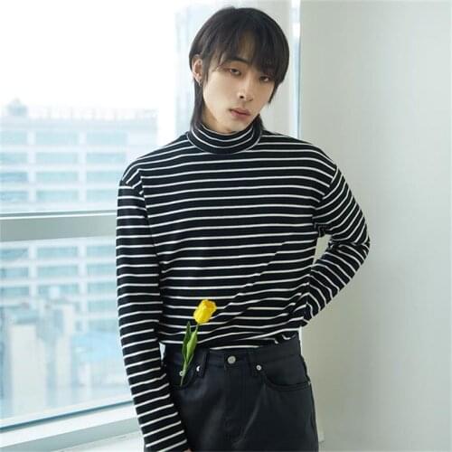 Striped bottomed shirt mens 2021 autumn winter half high neck long sleeve T-shirt foreign style tights versatile autumn clothes